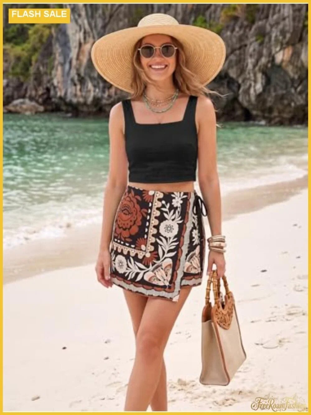 Women's Floral Wrap Mini Skort with Built-in Shorts, Boho Summer, Lightweight